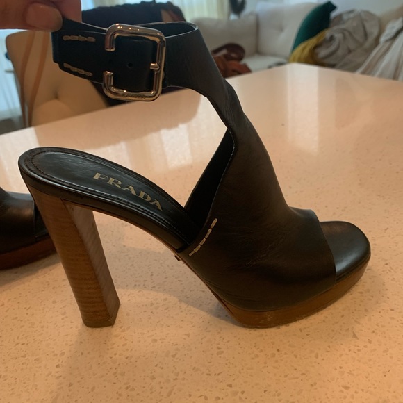 Prada Black Leather Wooden Block Heel - Picture 2 of 14